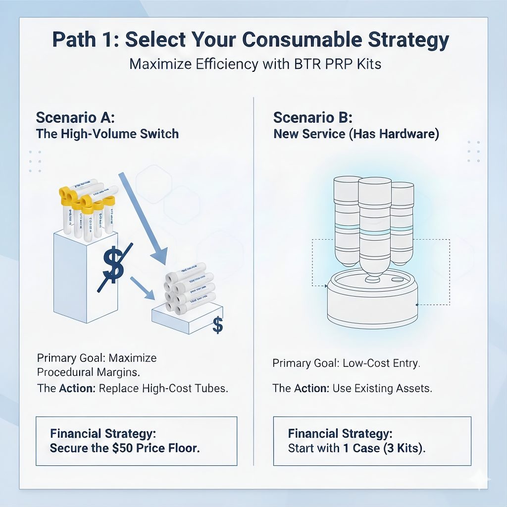 Infographic comparing Scenario A for high-volume procedural margins and Scenario B for low-cost entry with existing hardware.