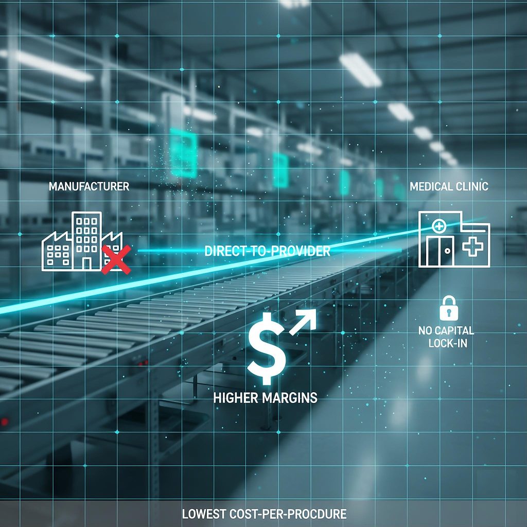 A supply chain infographic showing a direct-to-provider model that bypasses middlemen to increase procedural margins and offer the lowest cost-per-procedure in the U.S. market.