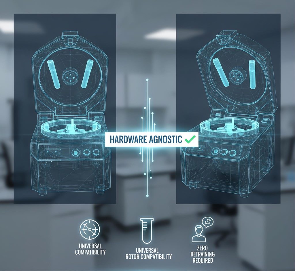 A technical visualization of hardware-agnostic PRP kits, showing universal compatibility with existing clinical centrifuges to eliminate capital lock-in and retraining.