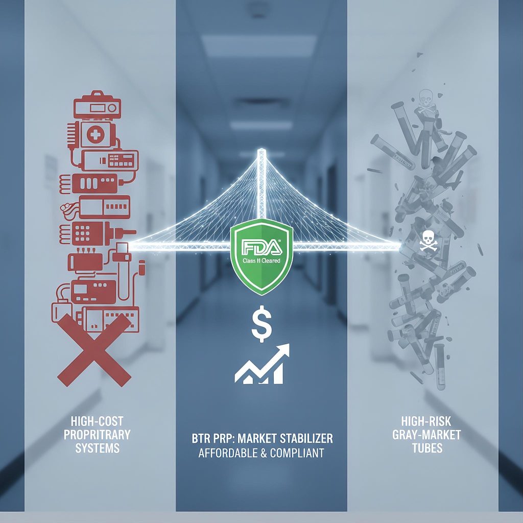 A conceptual infographic showing BTR PRP as a market stabilizer, bridging the gap between high-cost proprietary systems and high-risk gray-market tubes with FDA-cleared Class II compliance and optimized procedural margins.