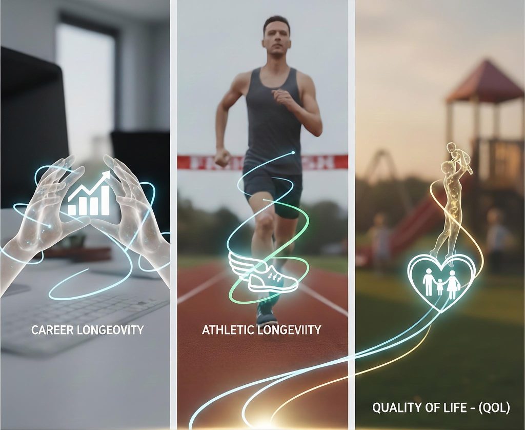 Three vertical panels illustrating BTR PRP's recovery metrics: Professional Resiliency for career longevity, Athletic Longevity for return-to-play, and Quality of Life for family and personal activities.