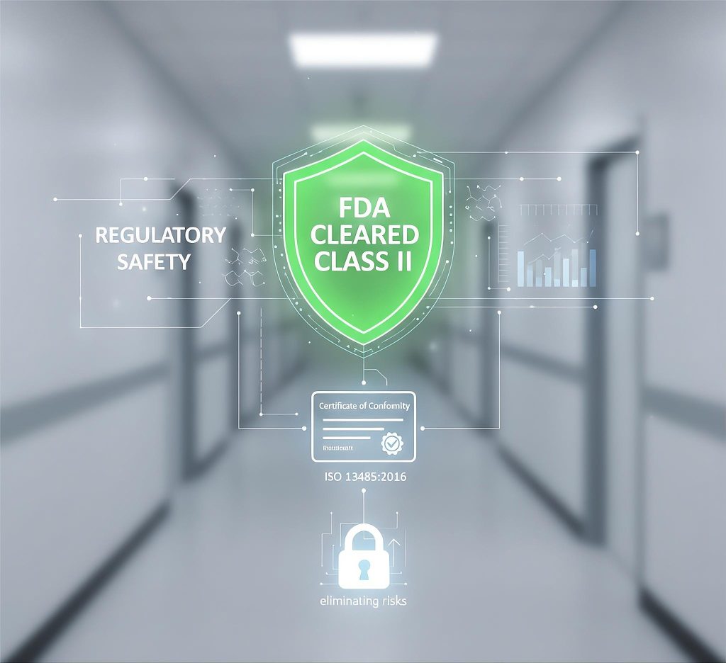 A conceptual medical image featuring an FDA Class II Cleared shield icon and ISO 13485:2016 certification text, representing clinical safety and the elimination of regulatory risk for medical practices.