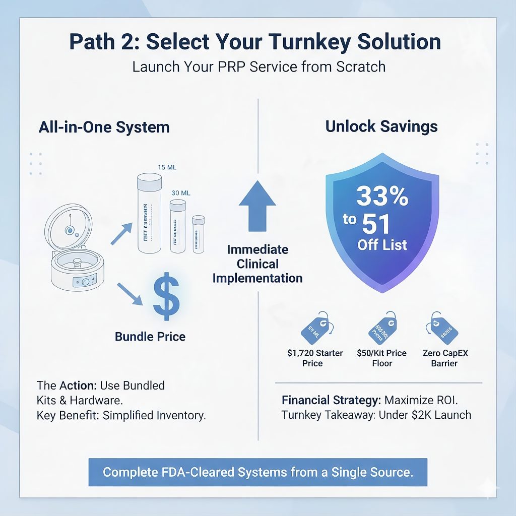 Pricing overview for BTR PRP turnkey starter packages including bundled Kong Medical centrifuges and kits with 33% to 51% total discounts.