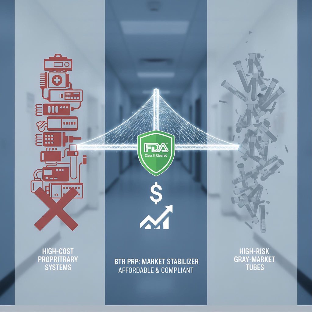 A conceptual infographic showing BTR PRP as a market stabilizer, bridging the gap between high-cost proprietary systems and high-risk gray-market tubes with FDA-cleared Class II compliance and optimized procedural margins.